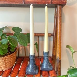 Pair of Mid Century Vintage Handmade Blue Candlestick Pottery